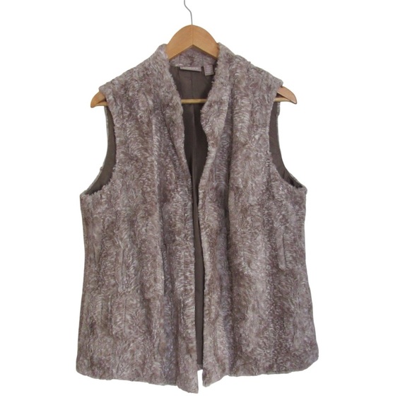 Chicos Faux Fur Vest Size 2 Large Brown Lined Open Front Pockets Warm Classic - Picture 1 of 10